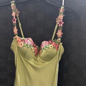 Elegant Floral Satin Chemise in Olive